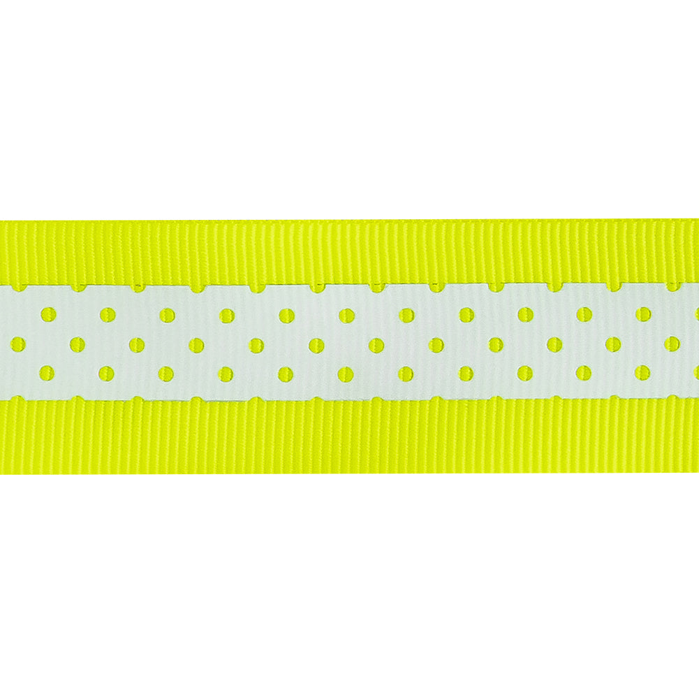 Italian Neon Yellow and White Polka Dot Striped Petersham Grosgrain Ribbon - 1 - Detail