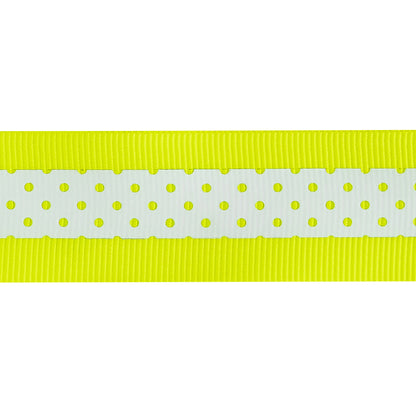 Italian Neon Yellow and White Polka Dot Striped Petersham Grosgrain Ribbon - 1 - Detail