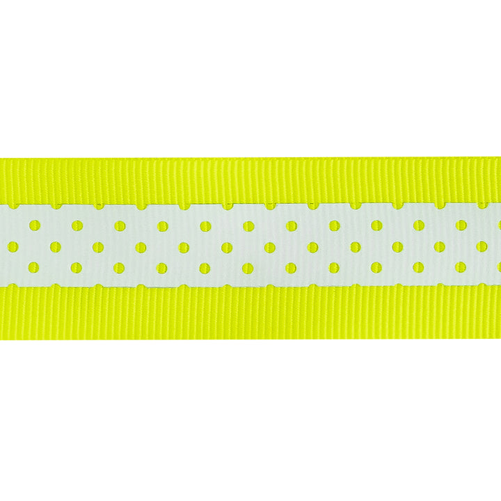 Italian Neon Yellow and White Polka Dot Striped Petersham Grosgrain Ribbon - 1 - Detail
