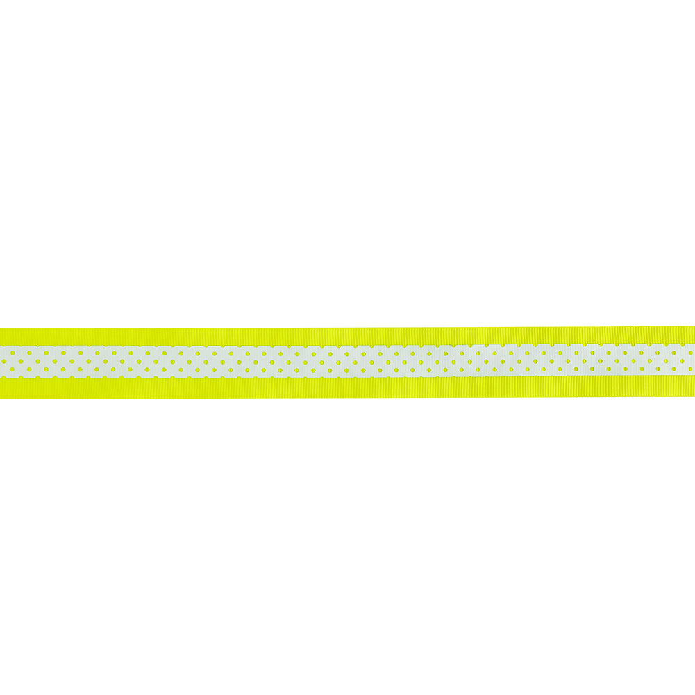 Italian Neon Yellow and White Polka Dot Striped Petersham Grosgrain Ribbon - 1