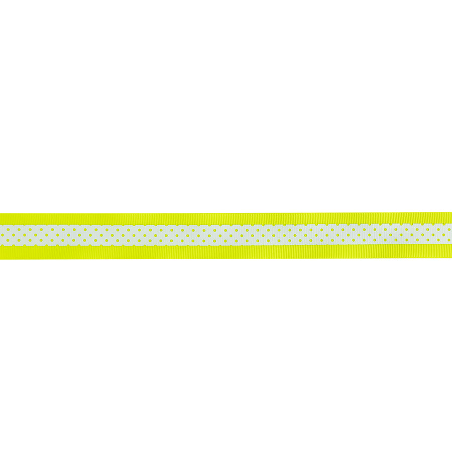 Italian Neon Yellow and White Polka Dot Striped Petersham Grosgrain Ribbon - 1