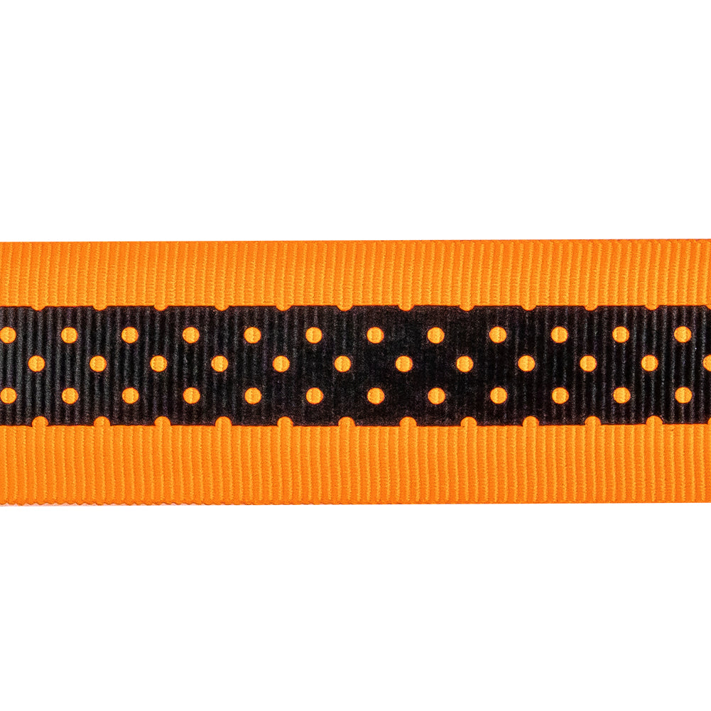 Italian Neon Orange and Black Polka Dot Striped Petersham Grosgrain Ribbon - 1" Detail