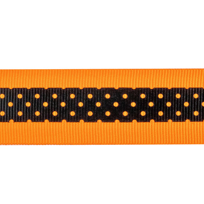Italian Neon Orange and Black Polka Dot Striped Petersham Grosgrain Ribbon - 1" Detail