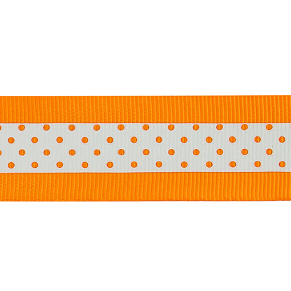 Italian Neon Orange and White Polka Dot Striped Petersham Grosgrain Ribbon - 1 - Detail