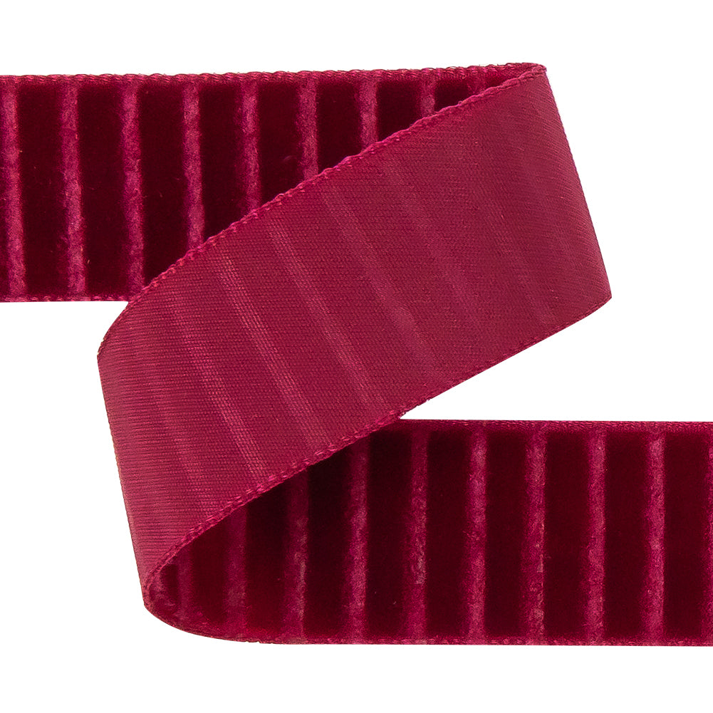 Italian Red Vertical Stripes Velvet Burnout Trim - 0.875" Detail