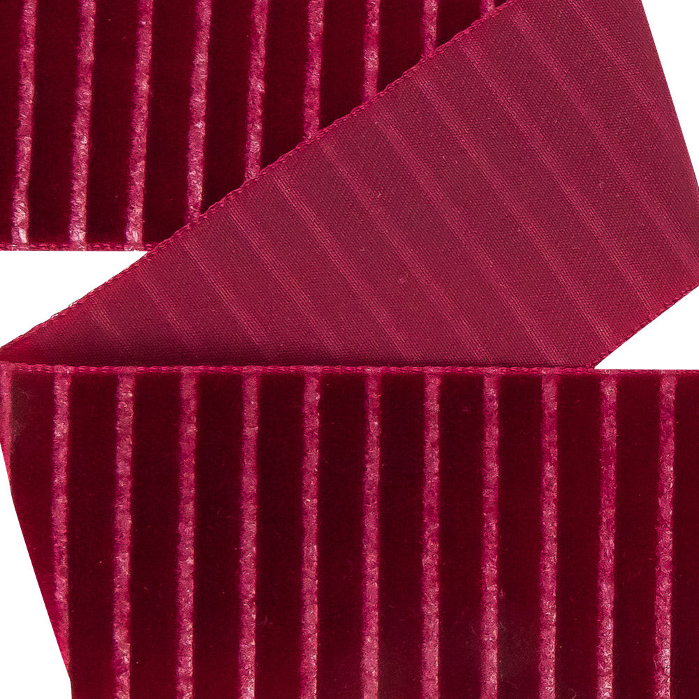 Italian Red Vertical Stripes Velvet Burnout Trim - 1.4375 - Detail