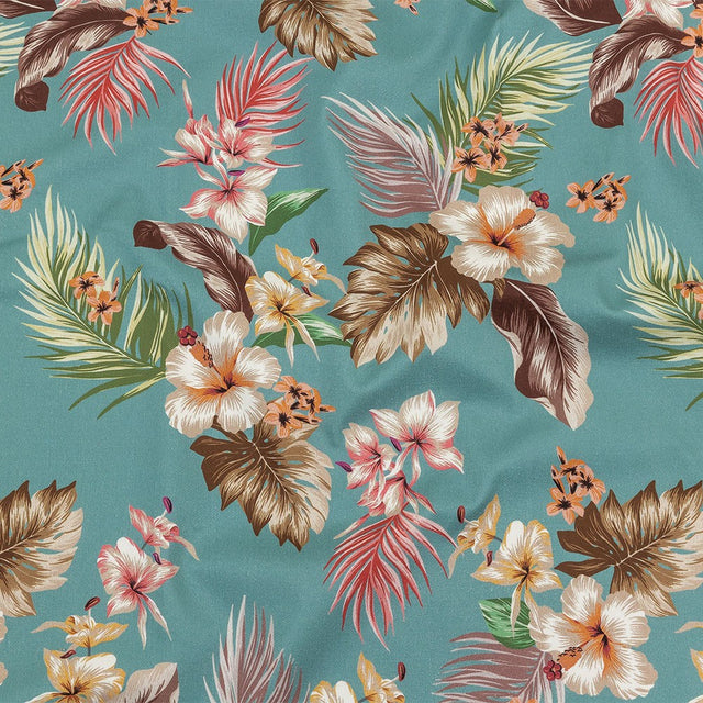 Mood Exclusive Turquoise Hibiscus Holiday Stretch Cotton Twill - Detail
