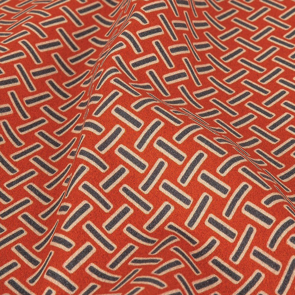 Stretch Cotton and Viscose Sateen Print - Burnt Orange and Blue Geometric Lattice - Mood Exclusive Cylindrically Angled Detail