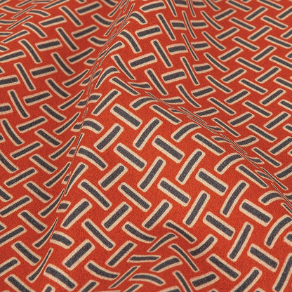 Stretch Cotton and Viscose Sateen Print - Burnt Orange and Blue Geometric Lattice - Mood Exclusive Cylindrically Angled Detail