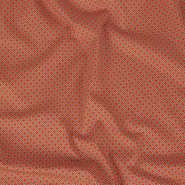 Stretch Cotton and Viscose Sateen Print - Burnt Orange and Blue Geometric Lattice - Mood Exclusive Cylindrically Angled