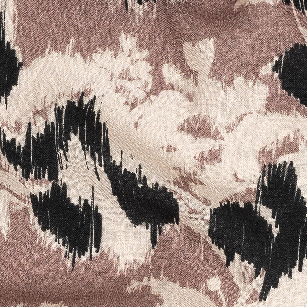 Slubbed Viscose Woven Print - Mauve, Black and Cream Ikat Floral - Mood Exclusive Layers of Luxury Detail