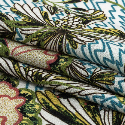 Mood Exclusive Turquoise and Green Retro Blossoms Slubbed Viscose Woven - Folded