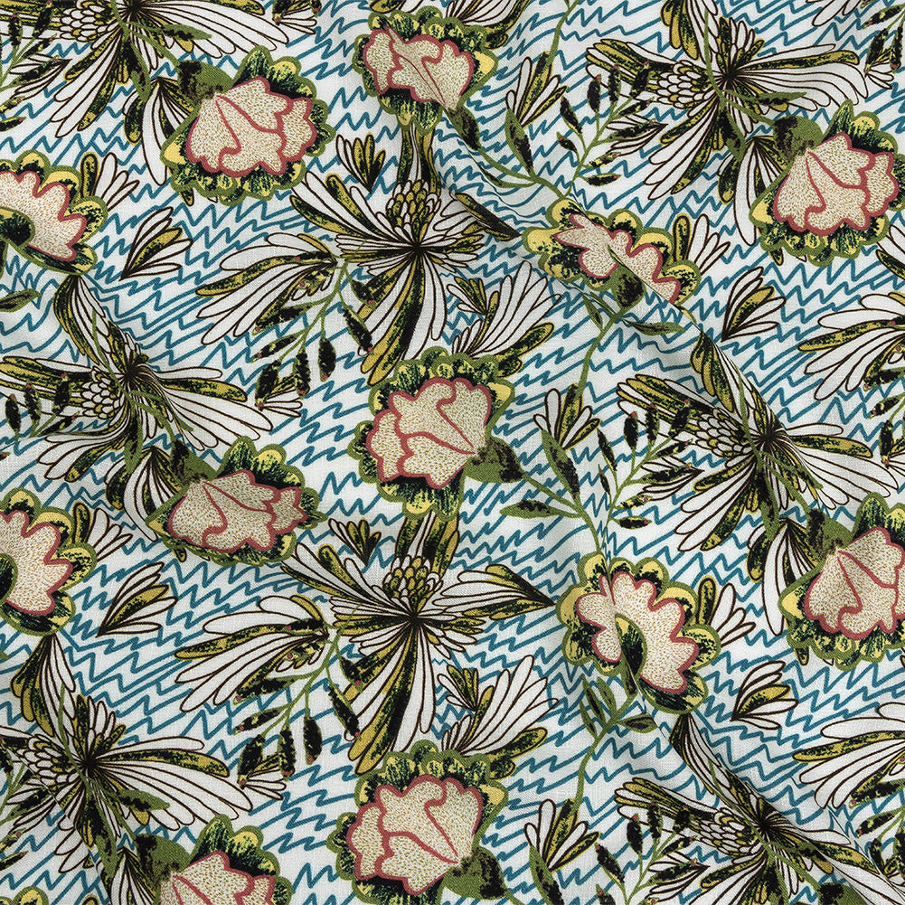 Mood Exclusive Turquoise and Green Retro Blossoms Slubbed Viscose Woven