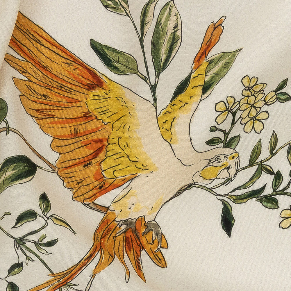 Sustainable Viscose Woven Print - Ivory and Green Birds in Branches - Mood Exclusive Avian Adoration Detail
