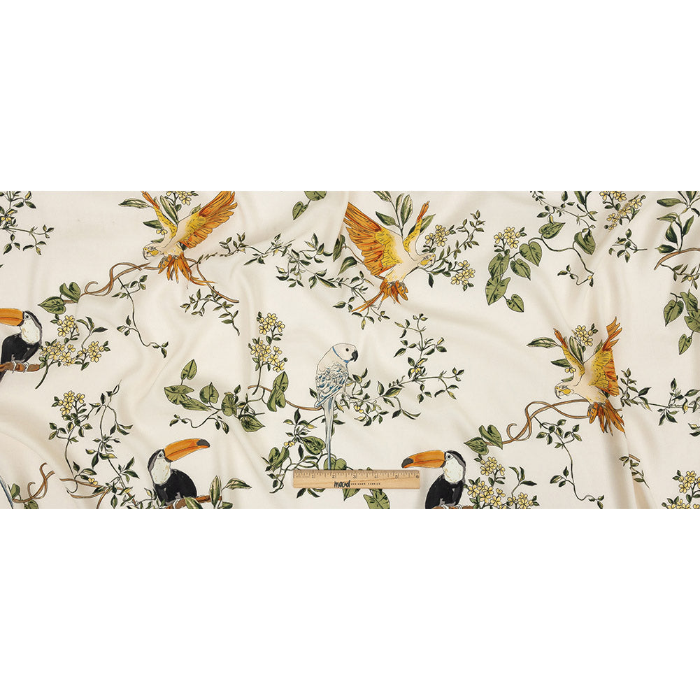 Sustainable Viscose Woven Print - Ivory and Green Birds in Branches - Mood Exclusive Avian Adoration Full