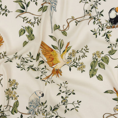 Sustainable Viscose Woven Print - Ivory and Green Birds in Branches - Mood Exclusive Avian Adoration