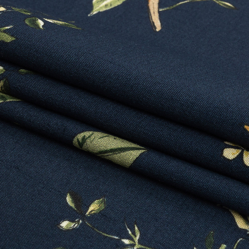 Sustainable Viscose Woven Print - Navy and Green Birds in Branches - Mood Exclusive Avian Adoration Folded