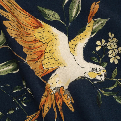 Sustainable Viscose Woven Print - Navy and Green Birds in Branches - Mood Exclusive Avian Adoration Detail