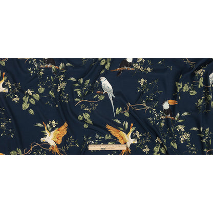 Sustainable Viscose Woven Print - Navy and Green Birds in Branches - Mood Exclusive Avian Adoration Full