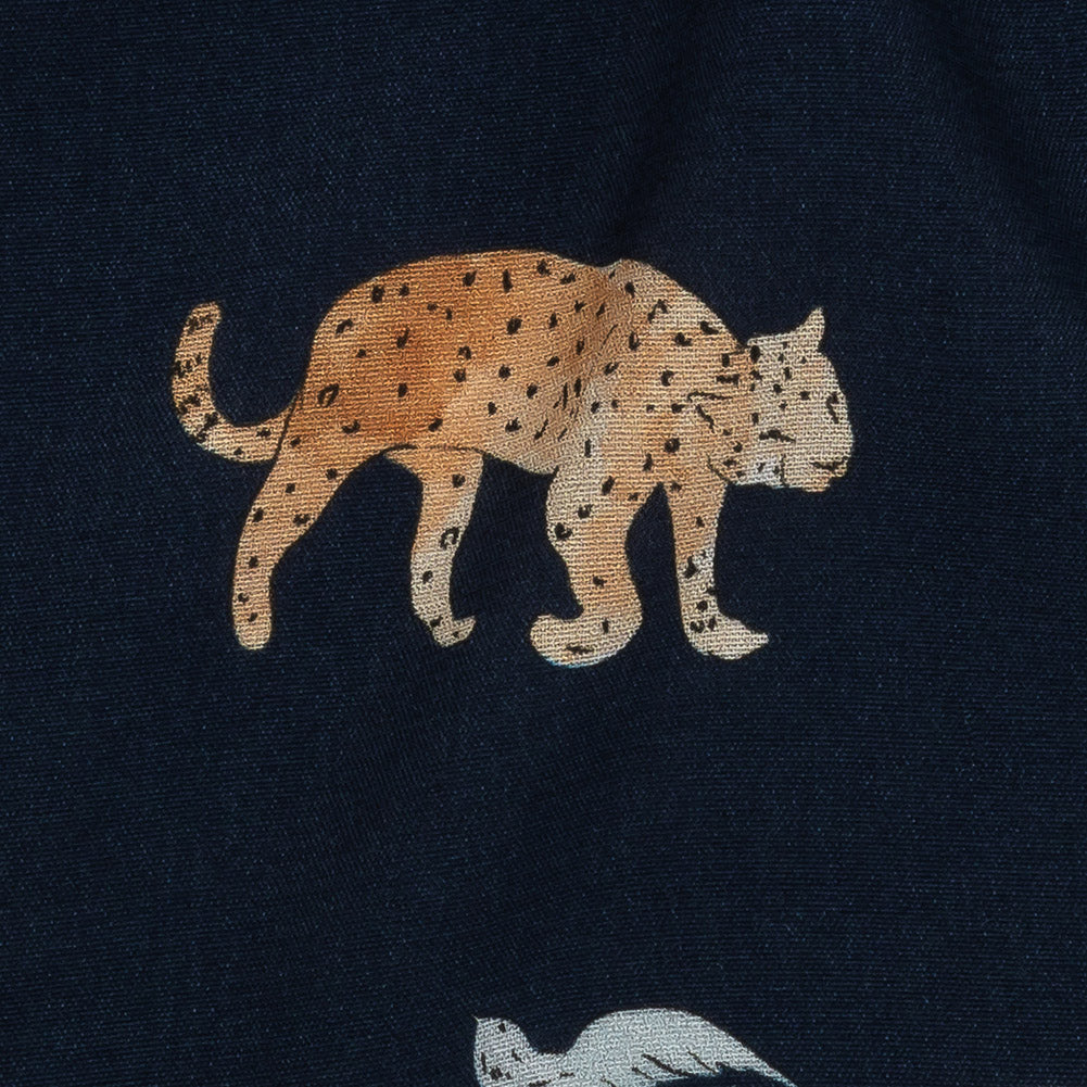Sustainable Viscose Woven Print - Navy Animals and Palm Trees - Mood Exclusive Savanna Spectacle Detail