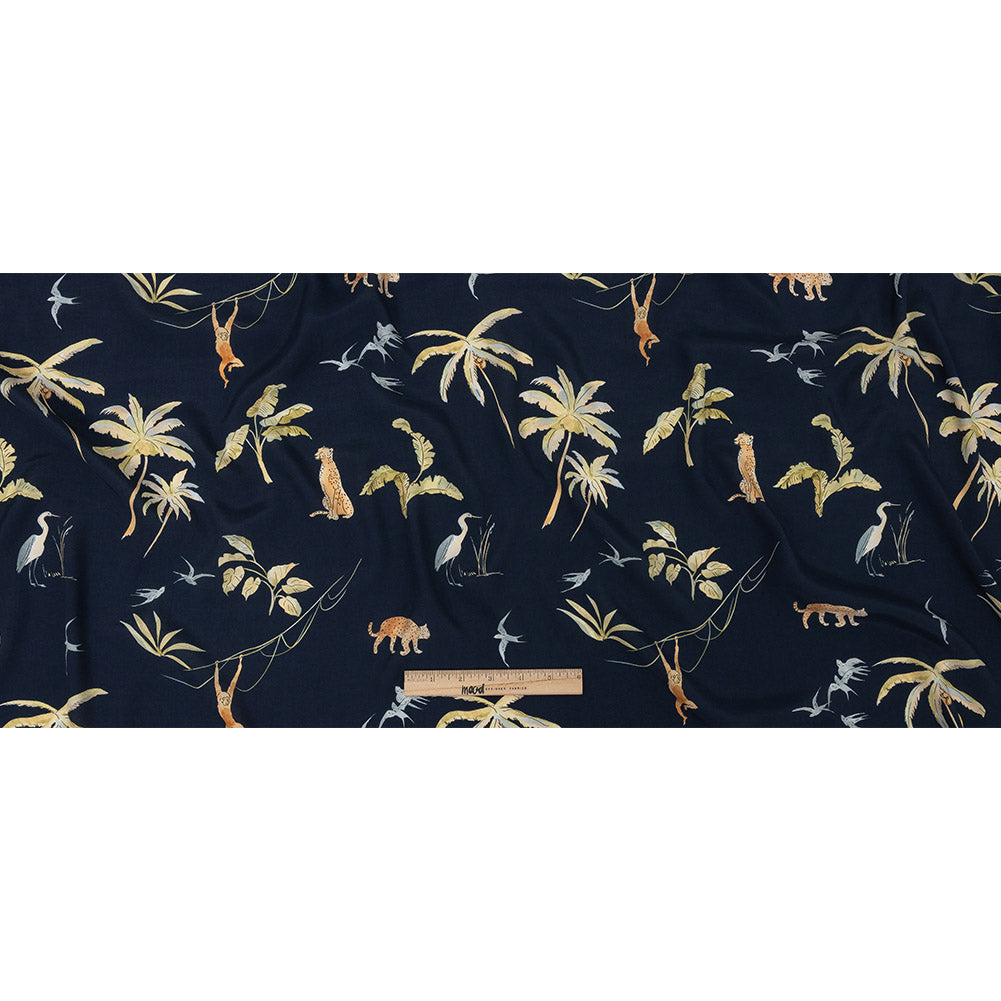 Sustainable Viscose Woven Print - Navy Animals and Palm Trees - Mood Exclusive Savanna Spectacle Full