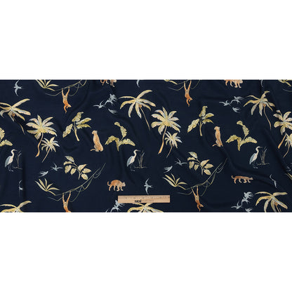 Sustainable Viscose Woven Print - Navy Animals and Palm Trees - Mood Exclusive Savanna Spectacle Full
