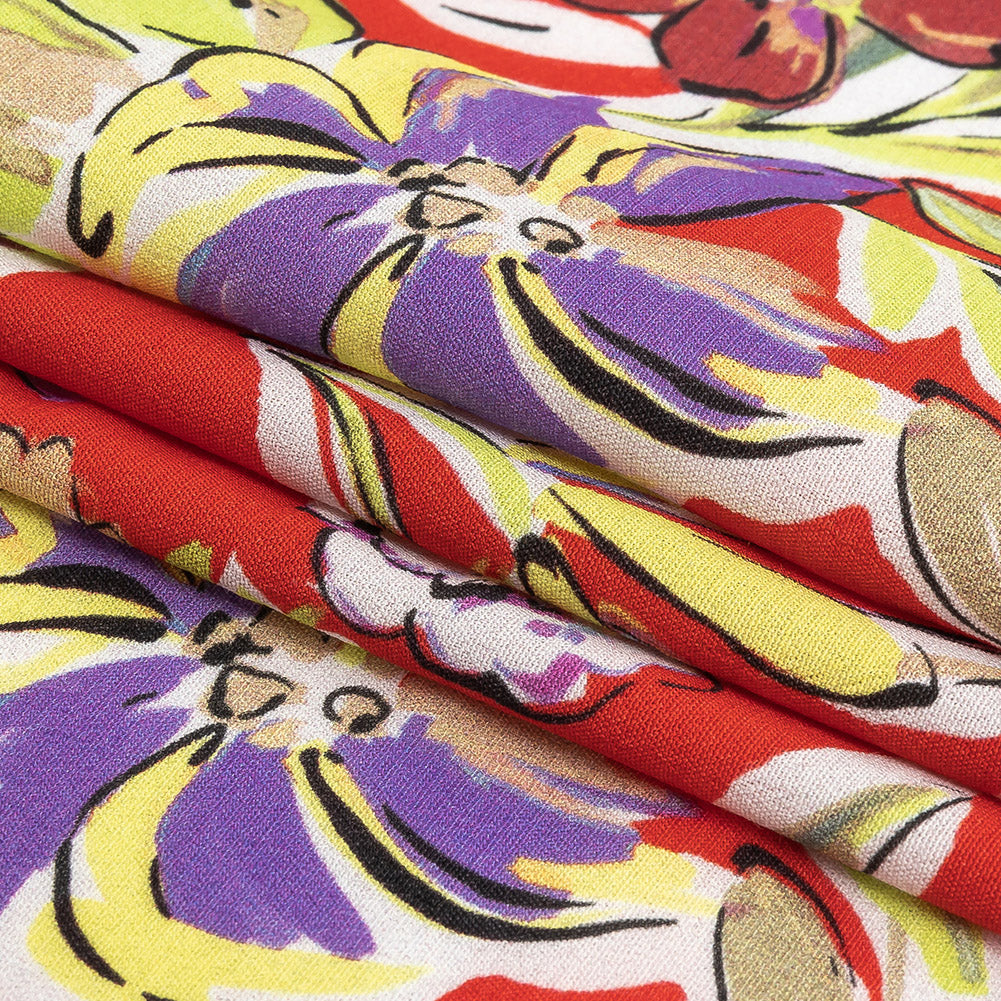 Sustainable Viscose Woven Print - Scarlet, Purple and Yellow Floral - Mood Exclusive Greenhouse Gala Folded