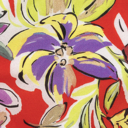 Sustainable Viscose Woven Print - Scarlet, Purple and Yellow Floral - Mood Exclusive Greenhouse Gala Detail