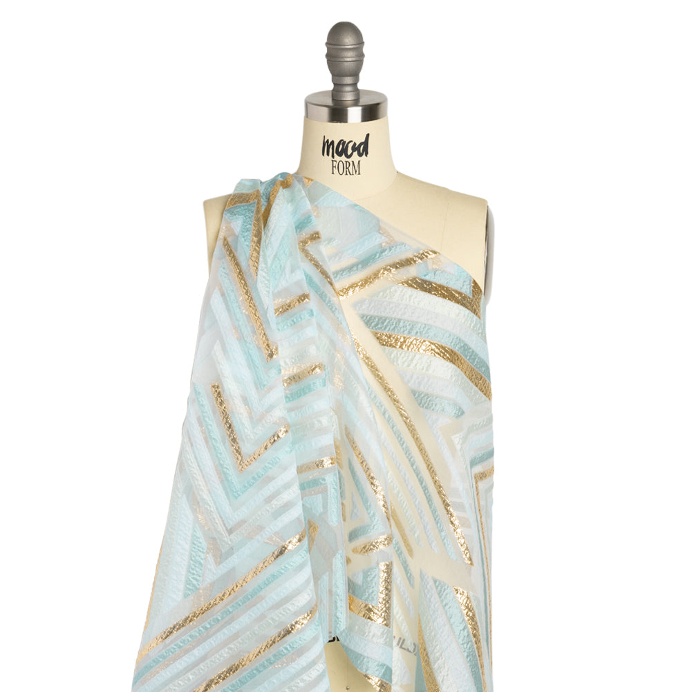 Metallic Gold, Aqua and Teal Chevrons and Arrows Luxury Burnout Brocade Detail