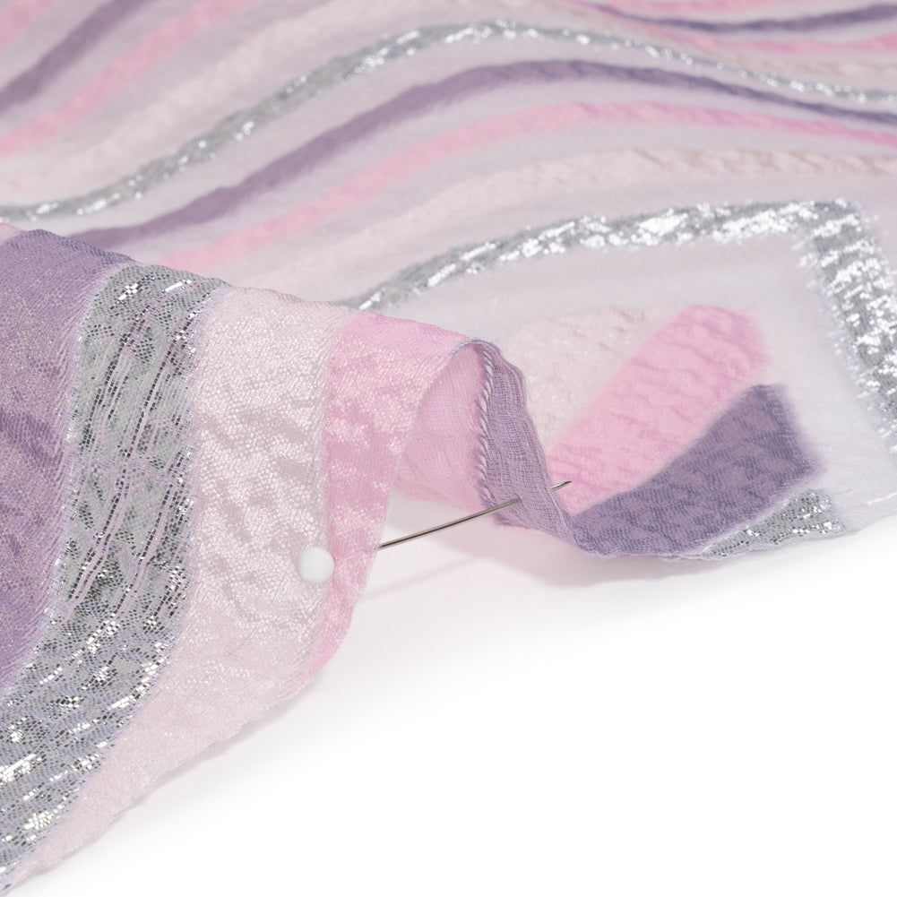 Metallic Silver, Pink and Mauve Chevrons and Arrows Luxury Burnout Brocade - Folded