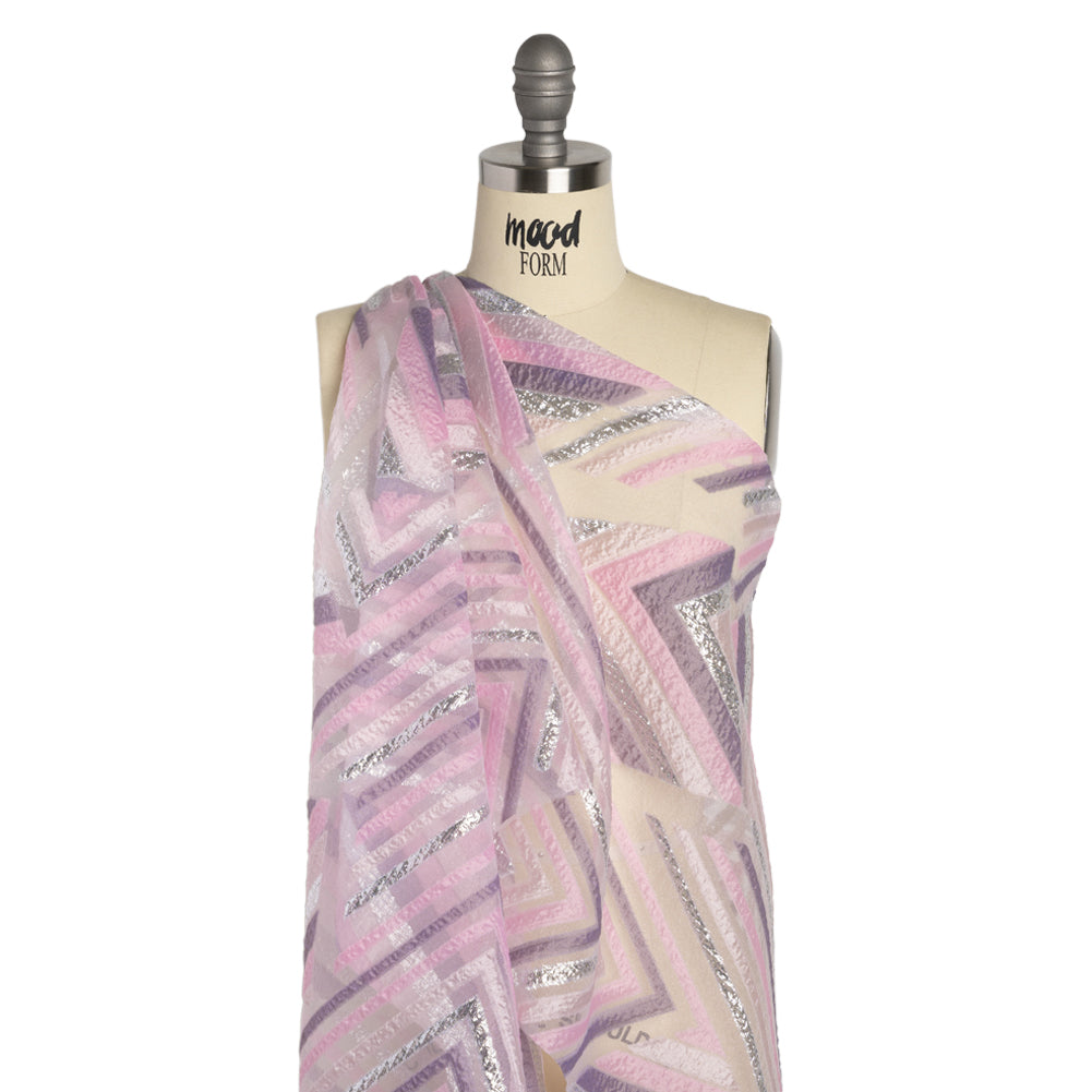 Metallic Silver, Pink and Mauve Chevrons and Arrows Luxury Burnout Brocade - Detail