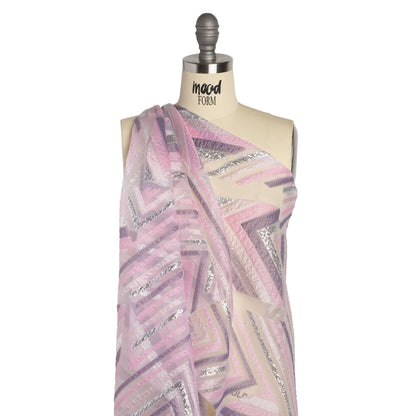 Metallic Silver, Pink and Mauve Chevrons and Arrows Luxury Burnout Brocade - Detail
