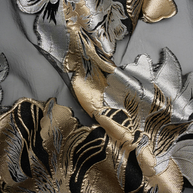 Metallic Gold, Silver and Black Fantastic Flowers Luxury Burnout Brocade