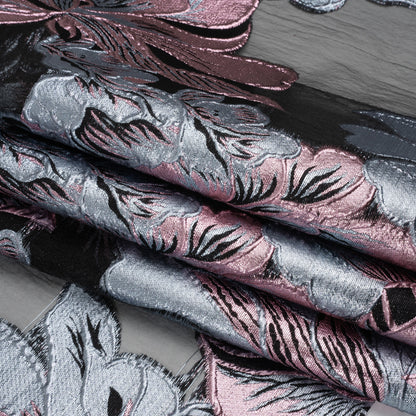 Metallic Pink, Blue Gray and Black Fantastic Flowers Luxury Burnout Brocade Full