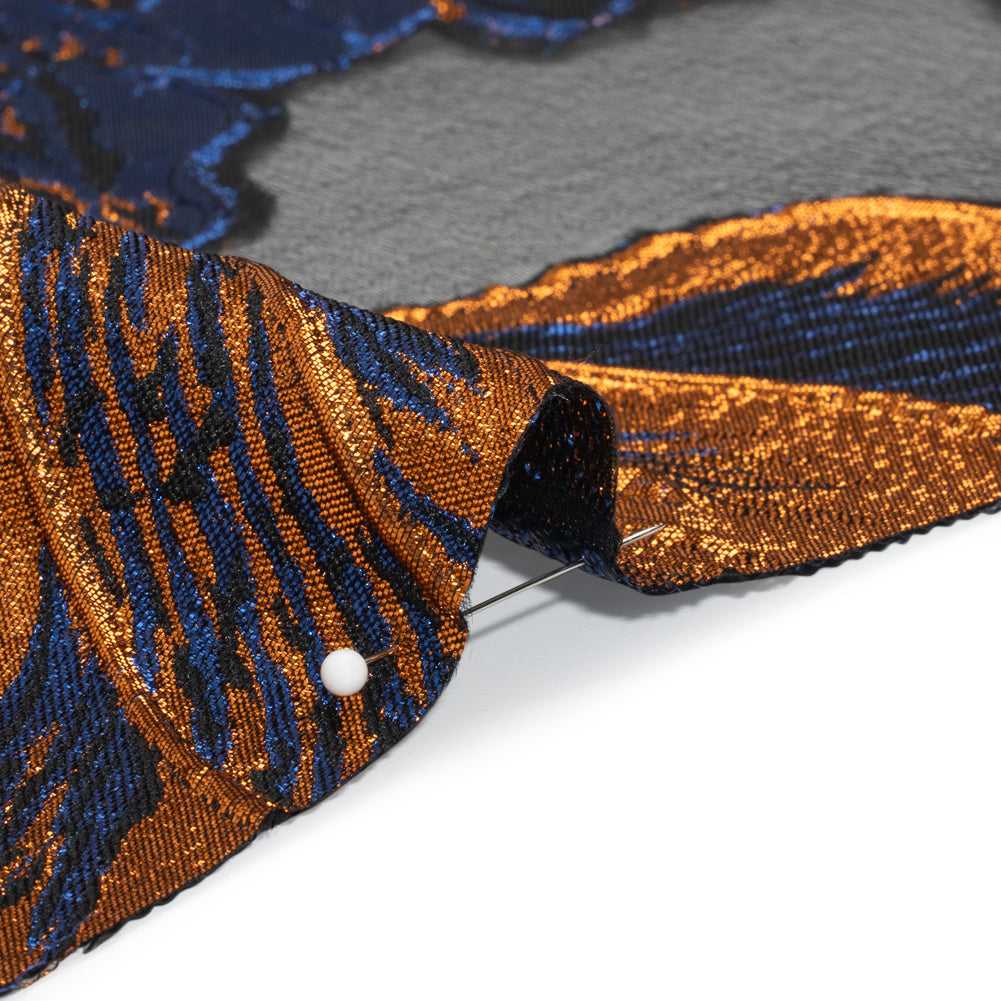 Metallic Royal Blue, Orange and Black Fantastic Flowers Luxury Burnout Brocade Folded