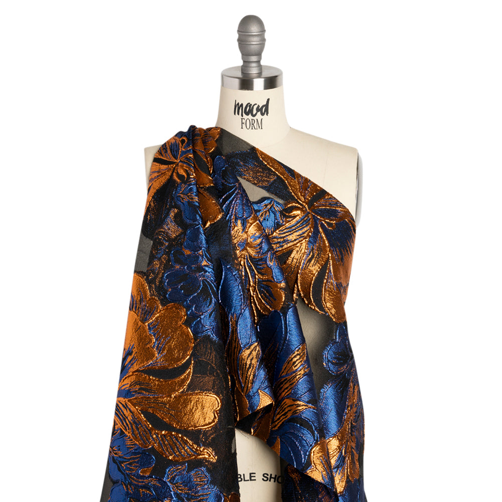 Metallic Royal Blue, Orange and Black Fantastic Flowers Luxury Burnout Brocade Detail