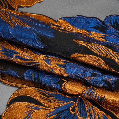 Metallic Royal Blue, Orange and Black Fantastic Flowers Luxury Burnout Brocade Full