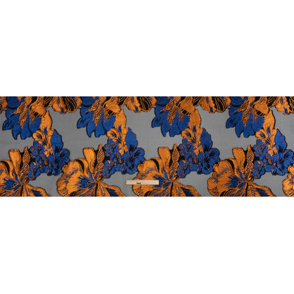 Metallic Royal Blue, Orange and Black Fantastic Flowers Luxury Burnout Brocade Drape