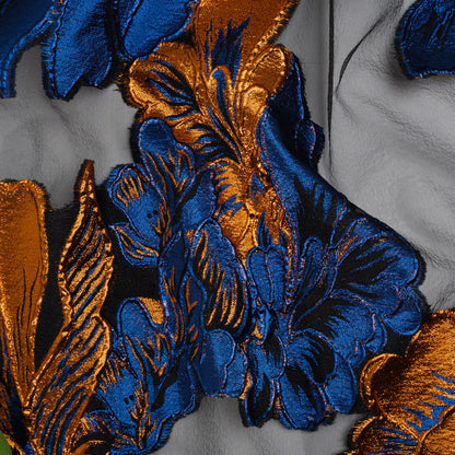 Metallic Royal Blue, Orange and Black Fantastic Flowers Luxury Burnout Brocade