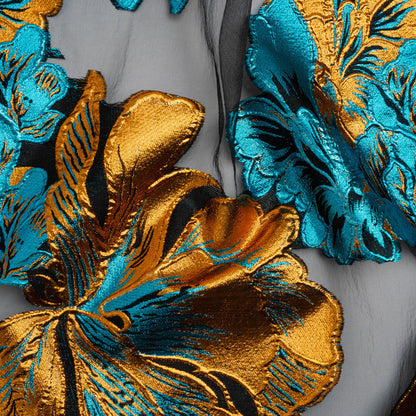 Metallic Teal, Orange and Black Fantastic Flowers Luxury Burnout Brocade