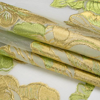 Metallic Lime, Gold and White Fantastic Flowers Luxury Burnout Brocade - Full