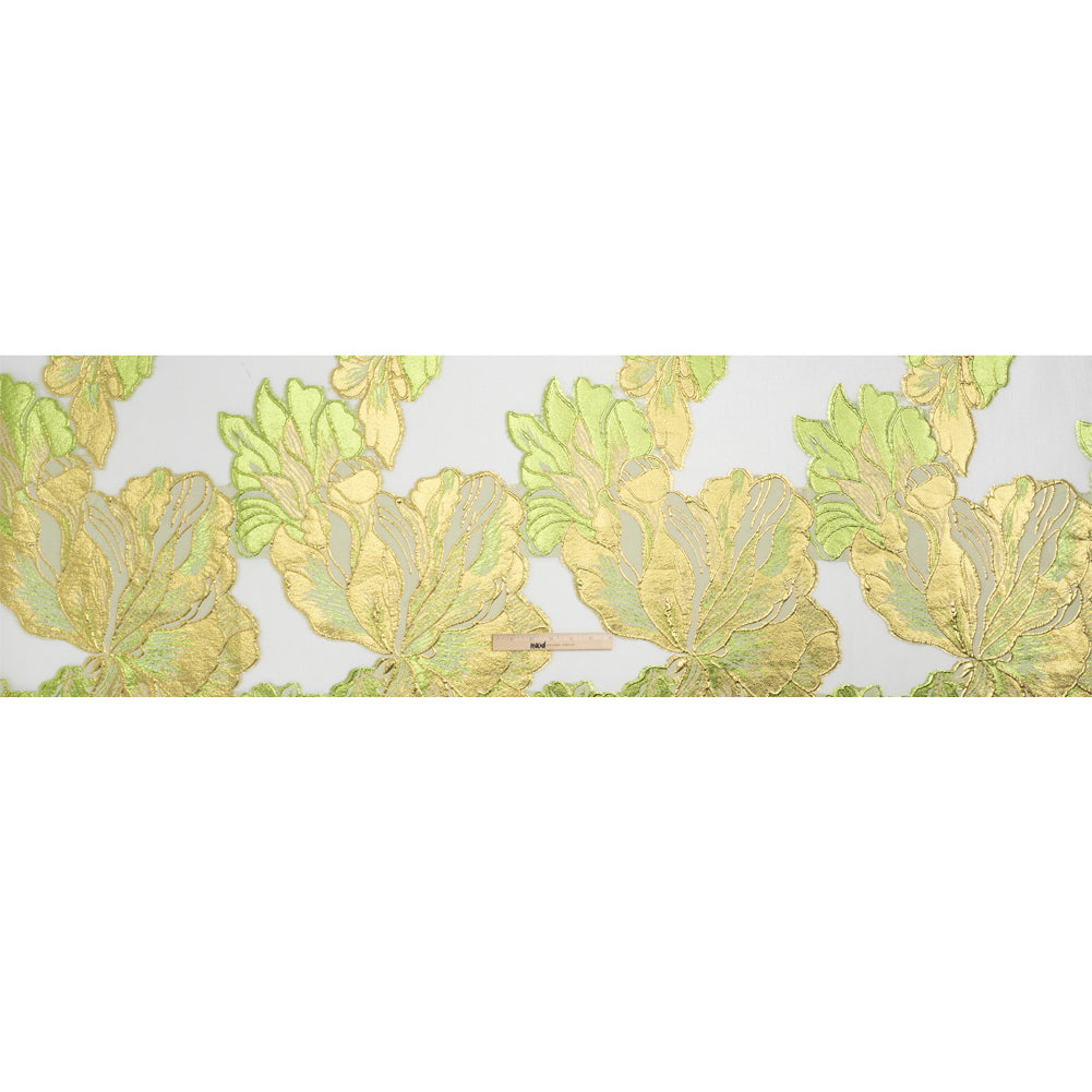 Metallic Lime, Gold and White Fantastic Flowers Luxury Burnout Brocade - Drape