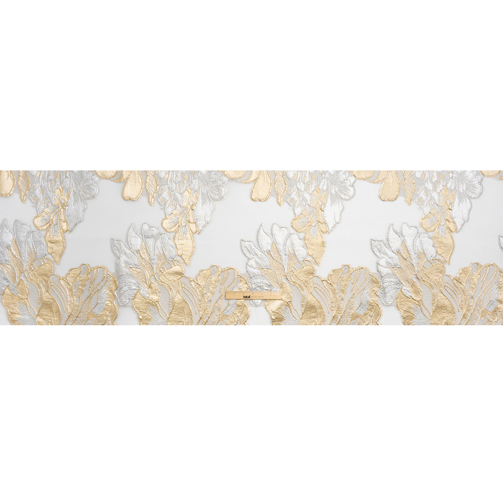Metallic Gold, Silver and White Fantastic Flowers Luxury Burnout Brocade - Drape
