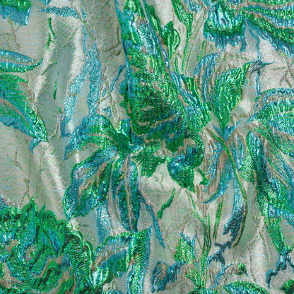 Metallic Green, Blue and Pale Gold Radiant Roses Luxury Brocade