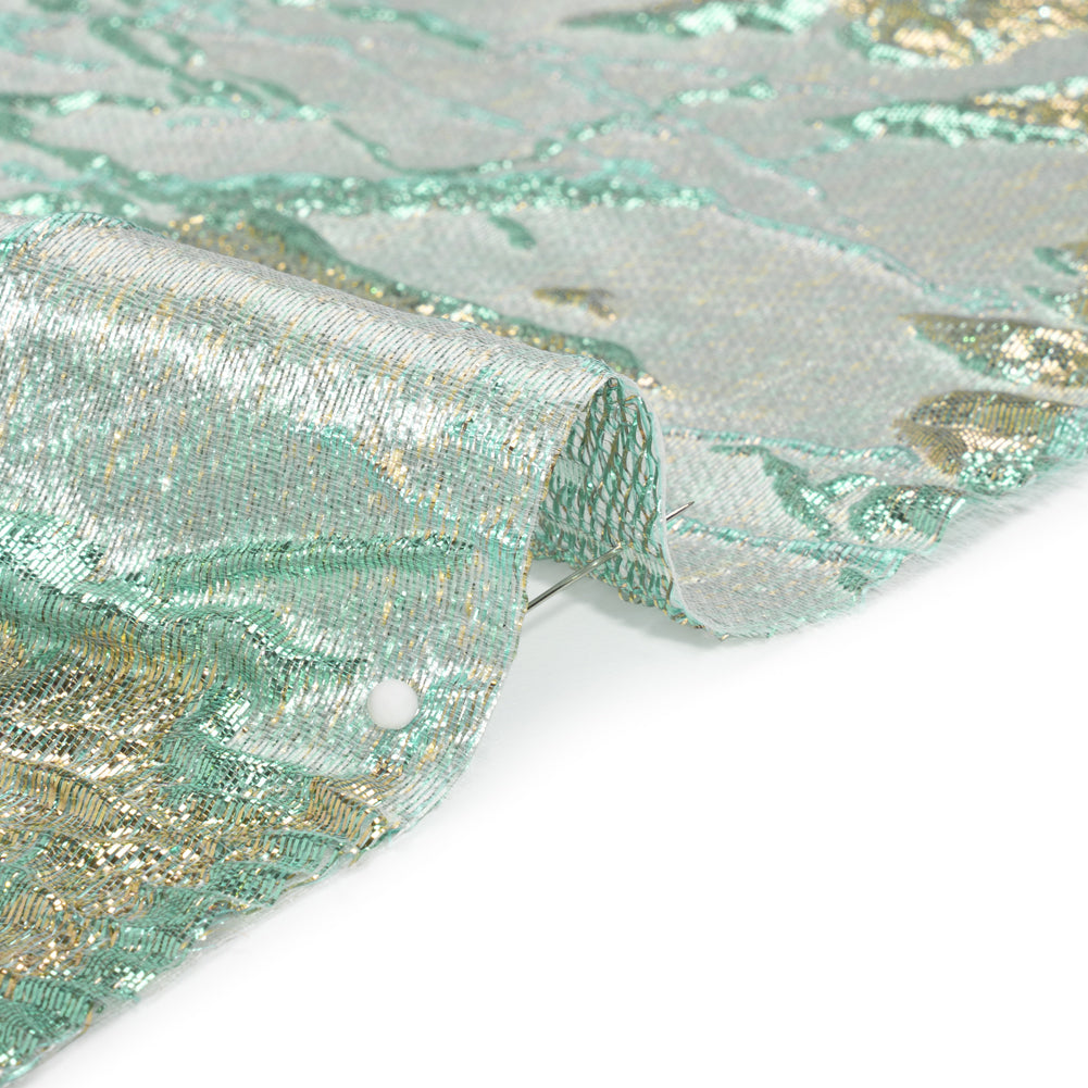 Metallic Light Blue, Gold and Aqua Radiant Roses Luxury Brocade - Folded