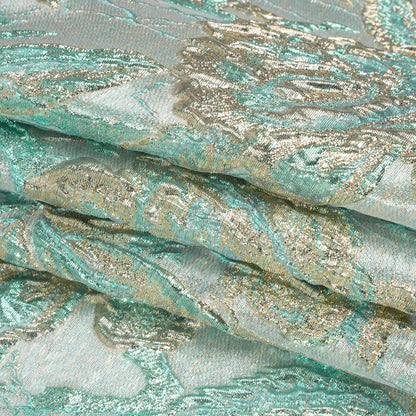 Metallic Light Blue, Gold and Aqua Radiant Roses Luxury Brocade - Full