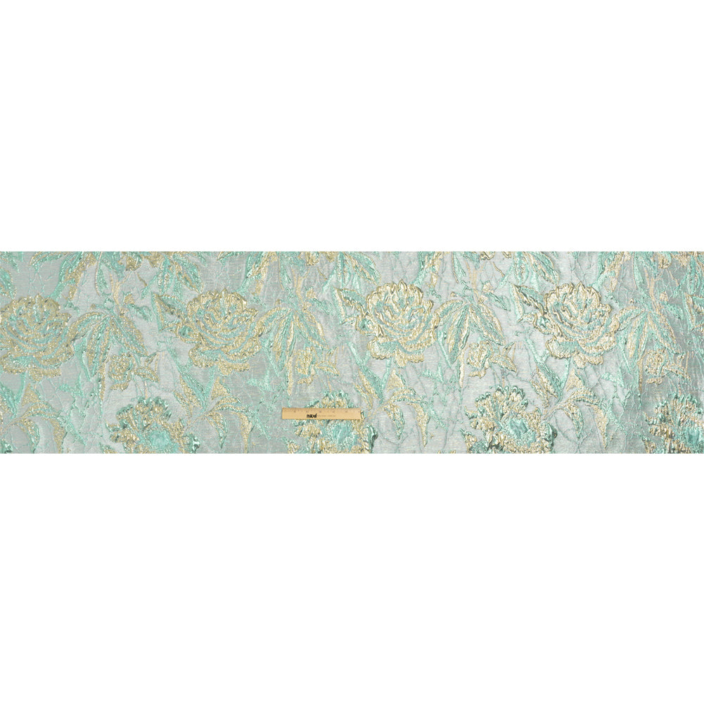 Metallic Light Blue, Gold and Aqua Radiant Roses Luxury Brocade - Drape