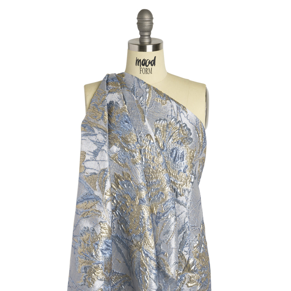 Metallic Gold, Blue and Gray Radiant Roses Luxury Brocade Detail