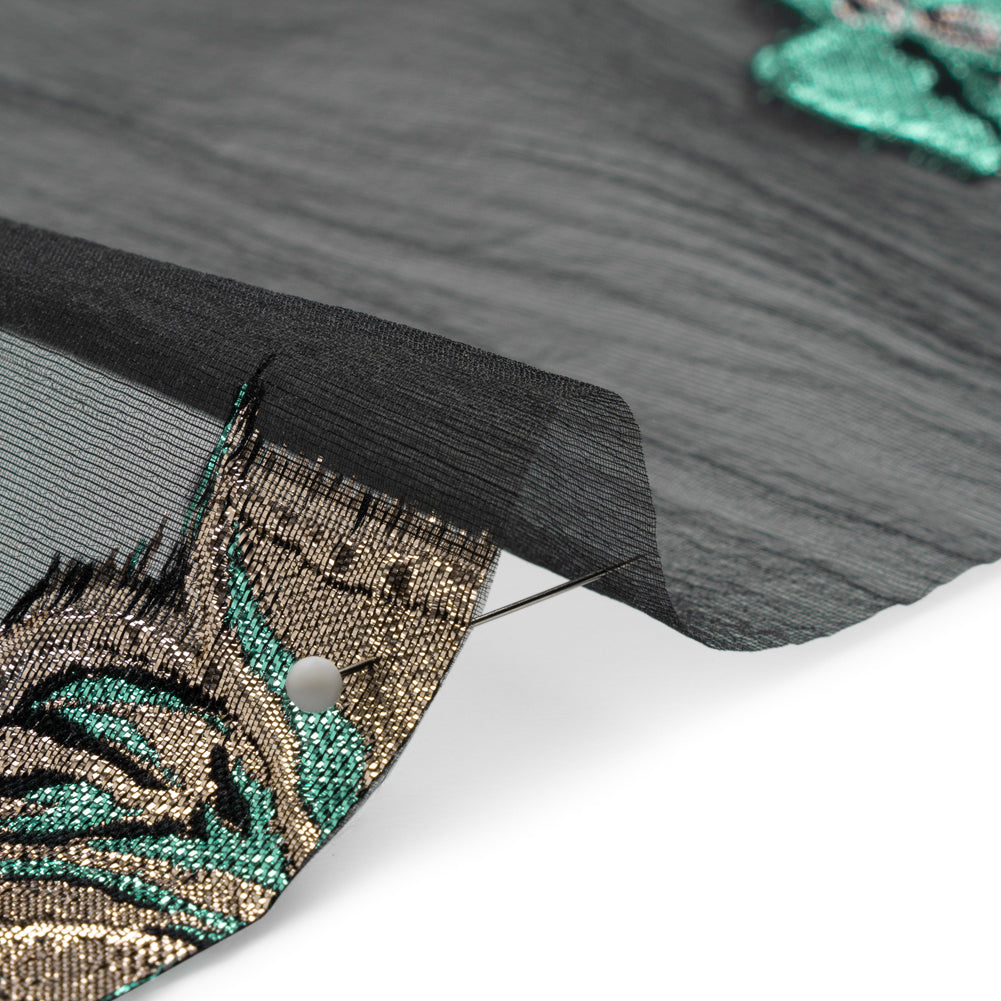 Metallic Turquoise, Silver and Black Floral Luxury Burnout Brocade Panel - Folded