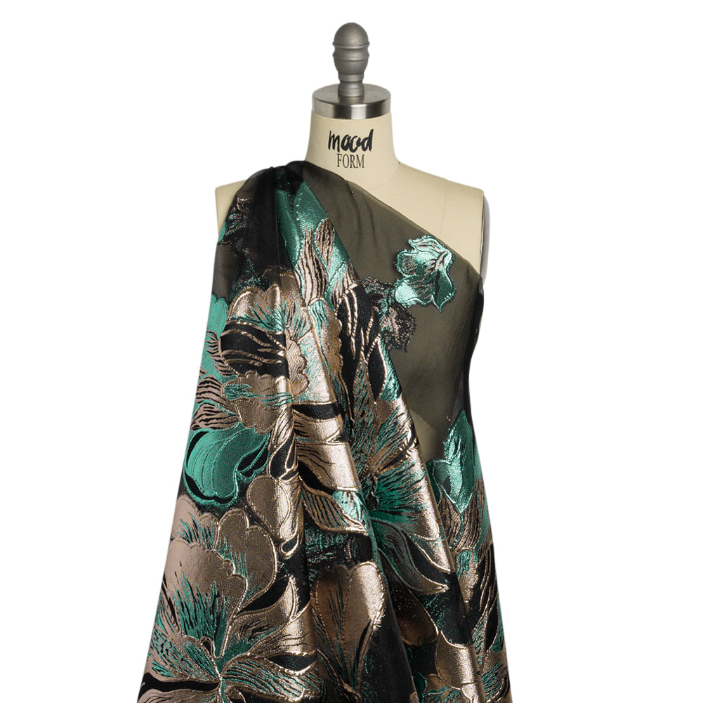 Metallic Turquoise, Silver and Black Floral Luxury Burnout Brocade Panel - Detail